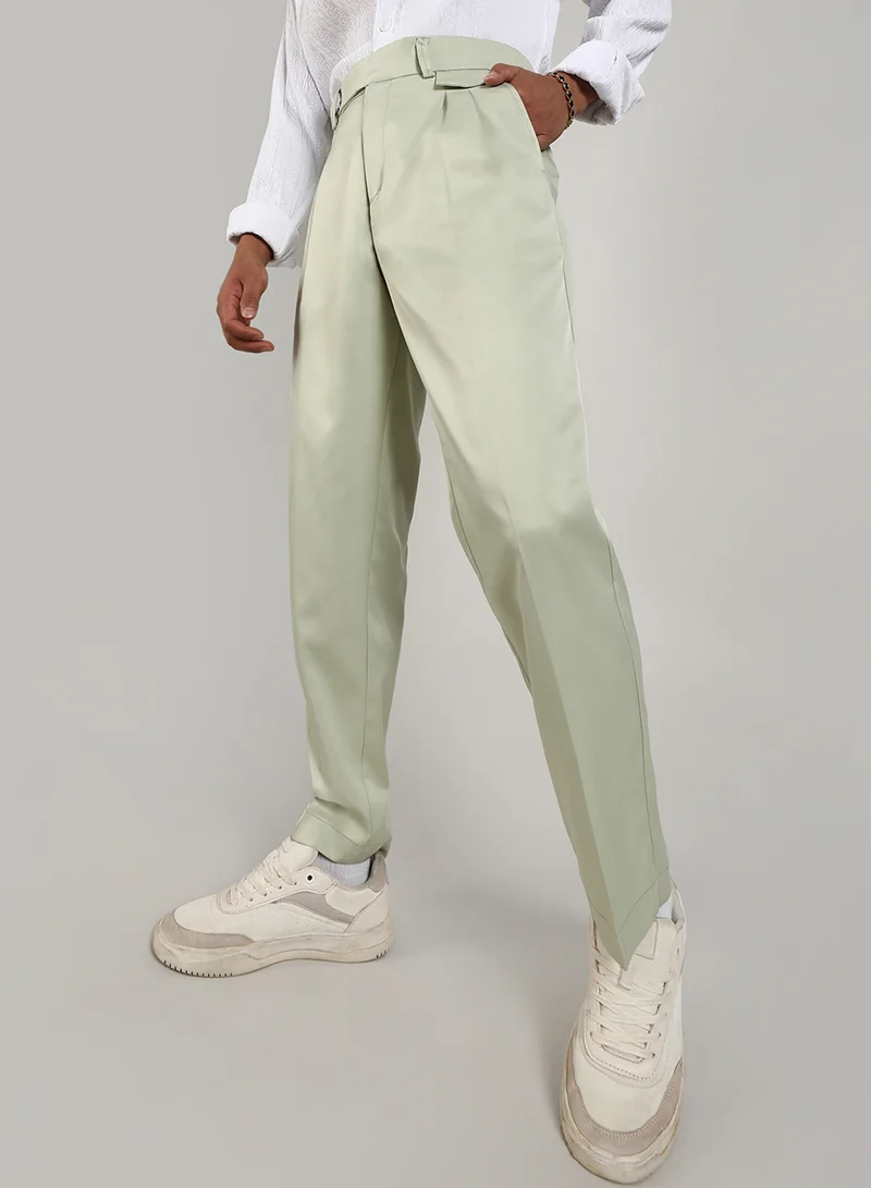 كامبوس سوترا Men's Pale Green Solid Tailored Trousers For Casual Wear | Tailored Fit | 4 Pockets | Button Closure | Trousers Crafted With Comfort Fit For Everyday Wear